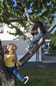 Two American Girl dolls climbing a tree to get their knitted cat down.